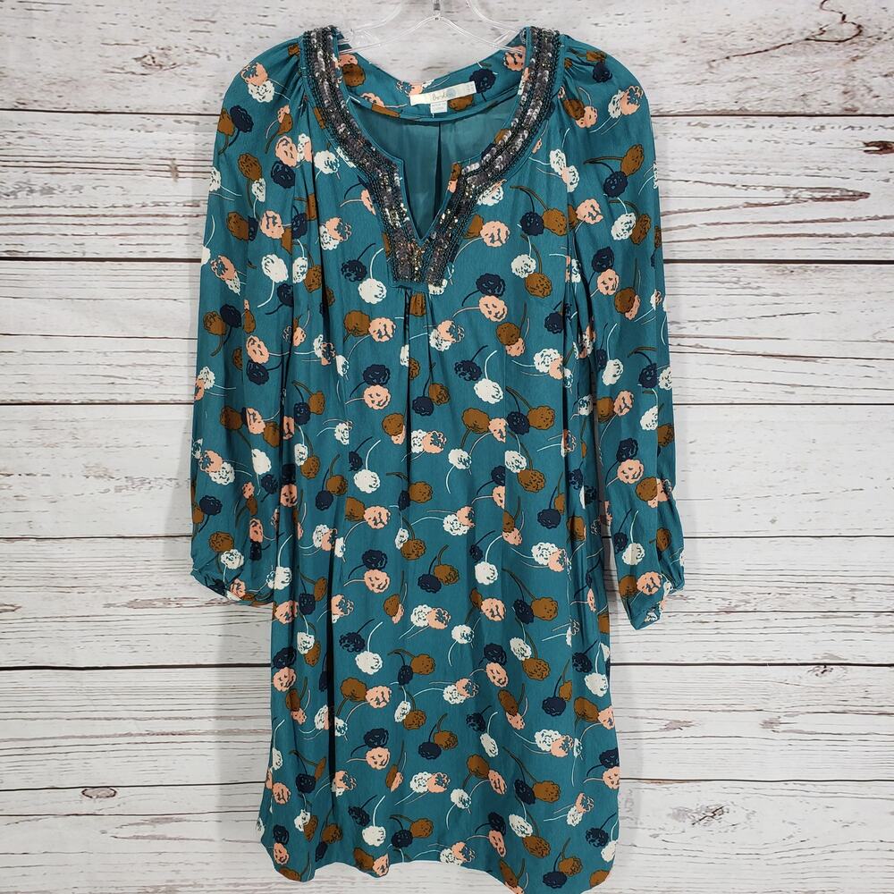 Boden Teal Sequin Beaded Floral Long Sleeve Tunic Dress Size 8
